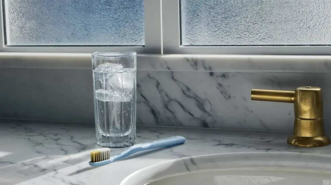 Cepillo de dientes y vaso de agua junto al lavabo