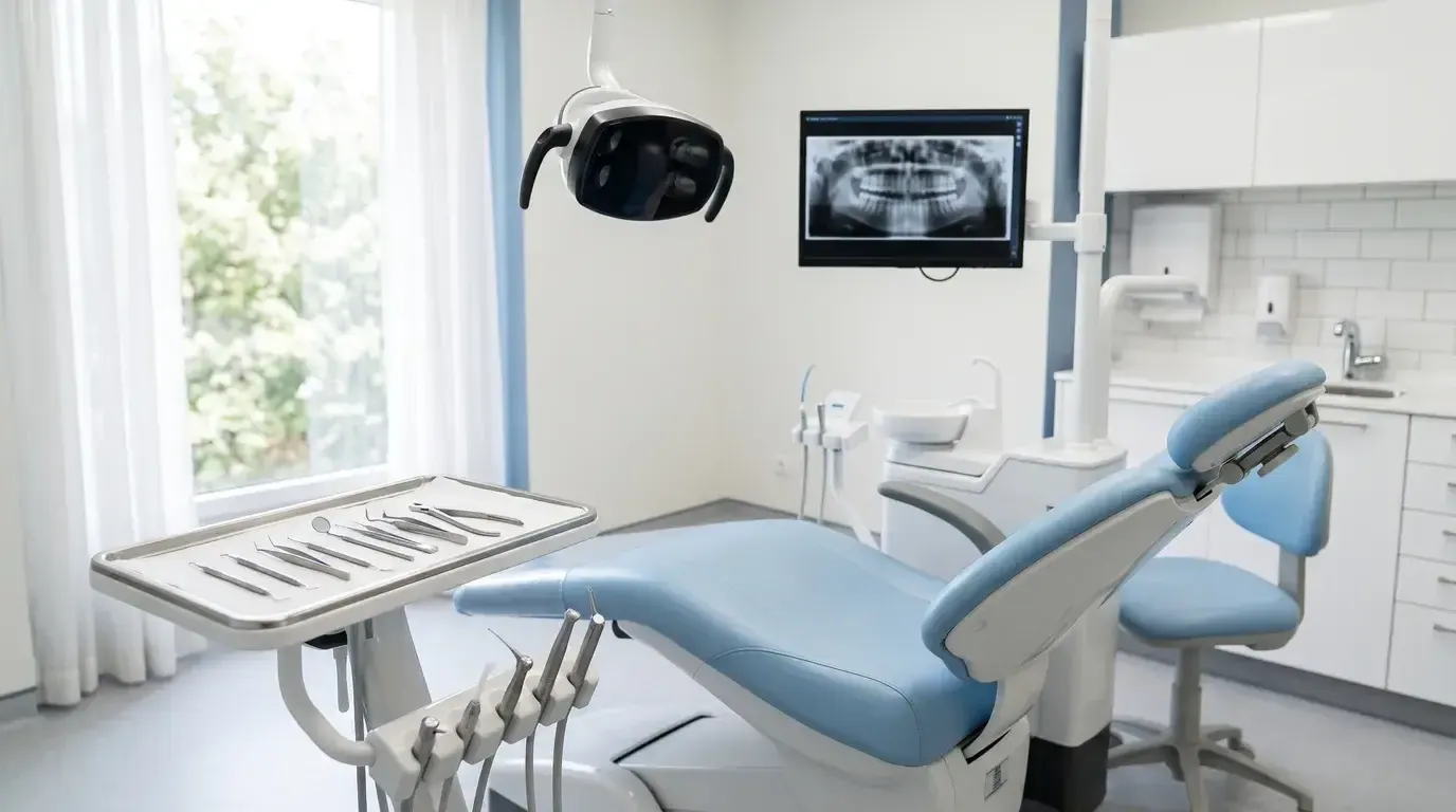 Gabinete dental luminoso preparado para una cirugía de implantes
