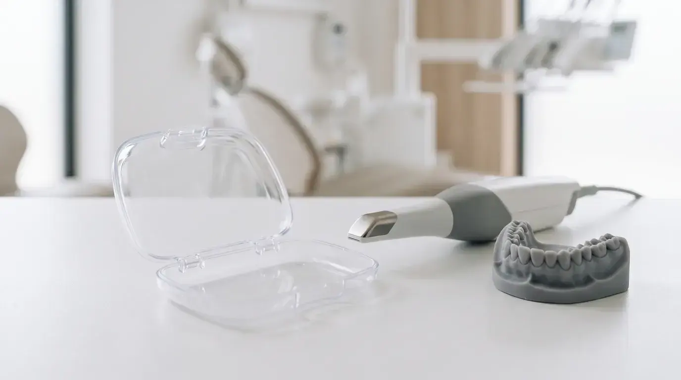 Alineadores transparentes de ortodoncia invisible junto a un escáner intraoral
